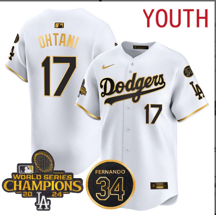 Youth  MLB Los Angeles Dodgers 17 Ohtani white 2024 World Series Champions Patch Limited Jersey style #3 ->youth mlb jersey->Youth Jersey